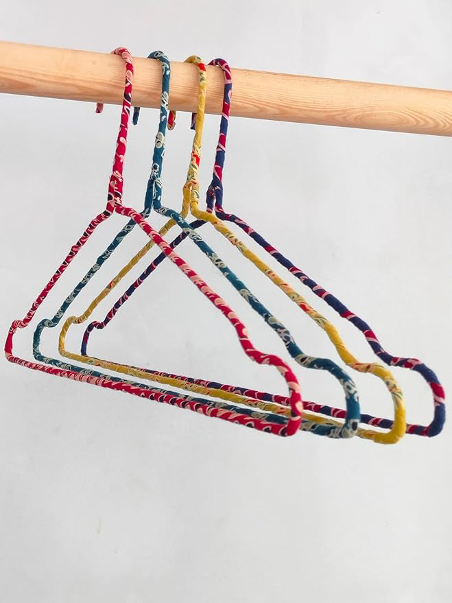 Fabric Hangers Set of 4 | Ultra Thin Design for Shirts, Dresses, Kurtas & Scarves | Space-Saving Storage| Multi Color Kalamkari print in 100% Cotton| Sustainable | Utility Product