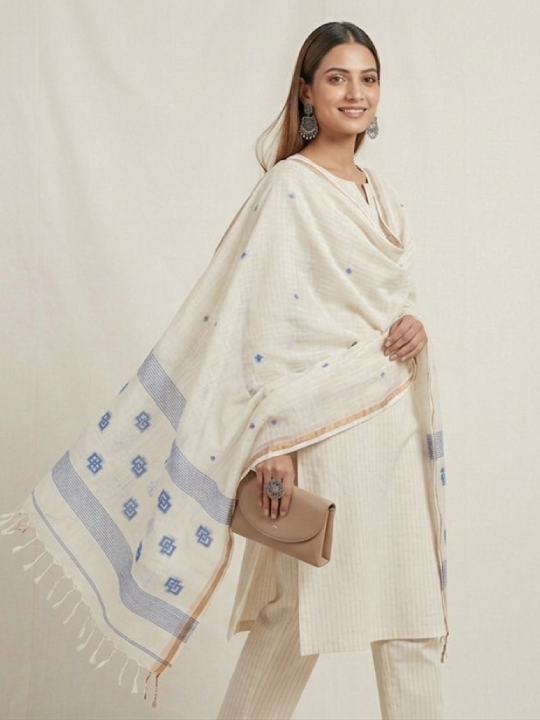 Handwoven Cream Dupatta with Blue Geometric Squares, Blue & Gold Lines & Golden Border
