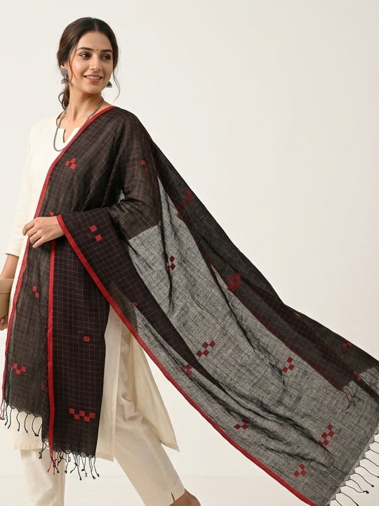 Handwoven Black Cotton Scarf with Red Jamdani Checks & Red Border