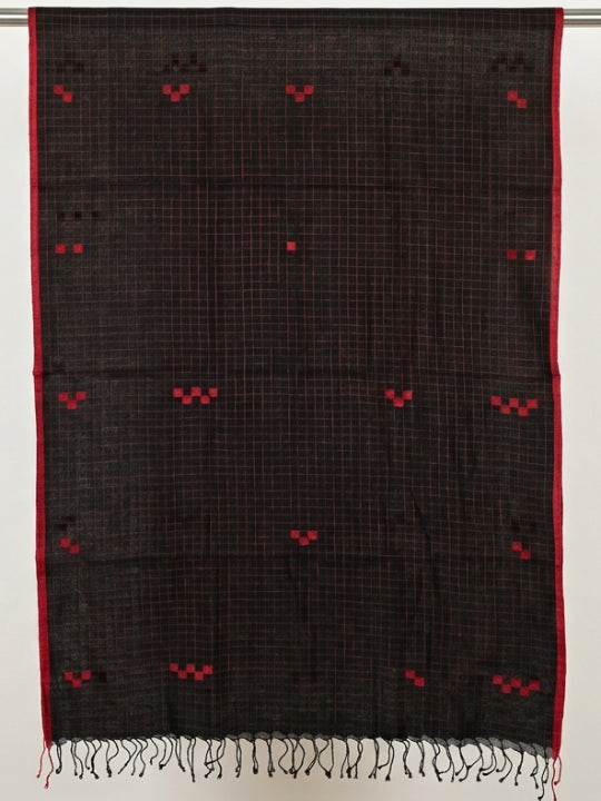 Handwoven Black Cotton Scarf with Red Jamdani Checks & Red Border