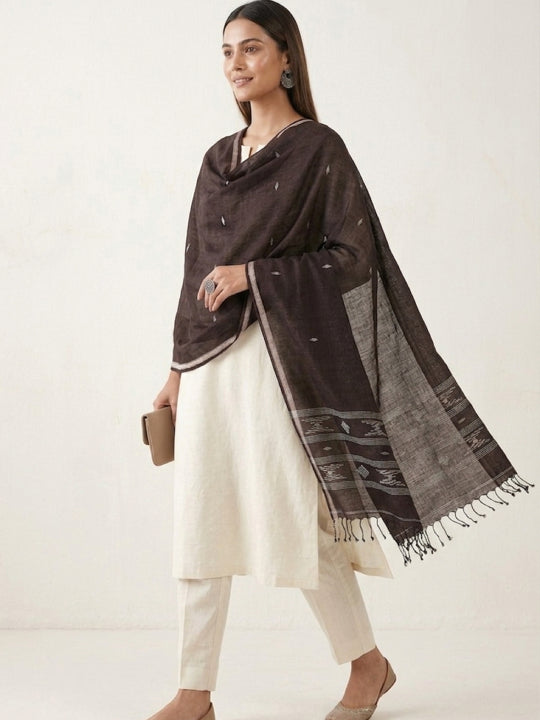 Handwoven Brown Cotton Scarf with White Geometric Jamdani Motifs, Stripe Lines & White Border