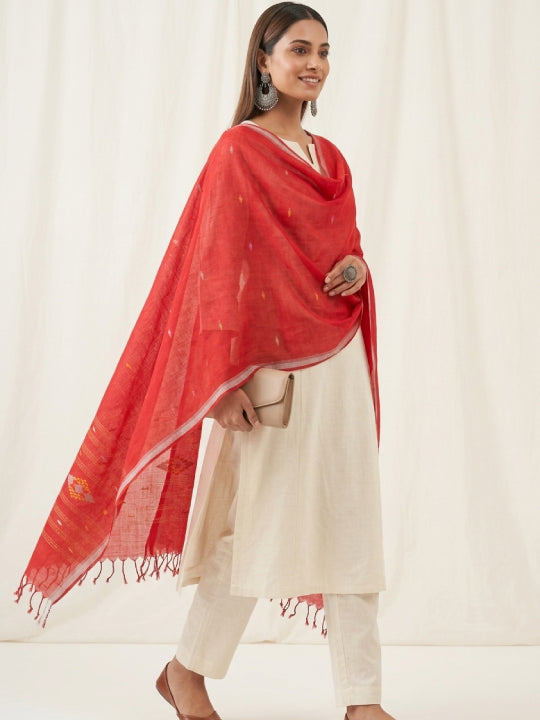 Handwoven Red Cotton Scarf with Jamdani Work