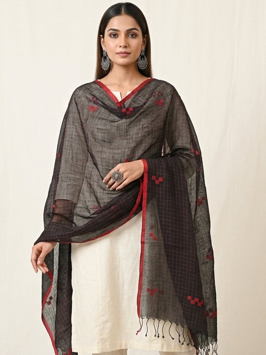 Handwoven Black Cotton Scarf with Red Jamdani Checks & Red Border