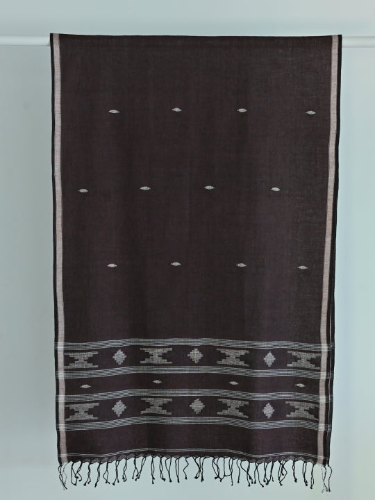 Handwoven Brown Cotton Scarf with White Geometric Jamdani Motifs, Stripe Lines & White Border