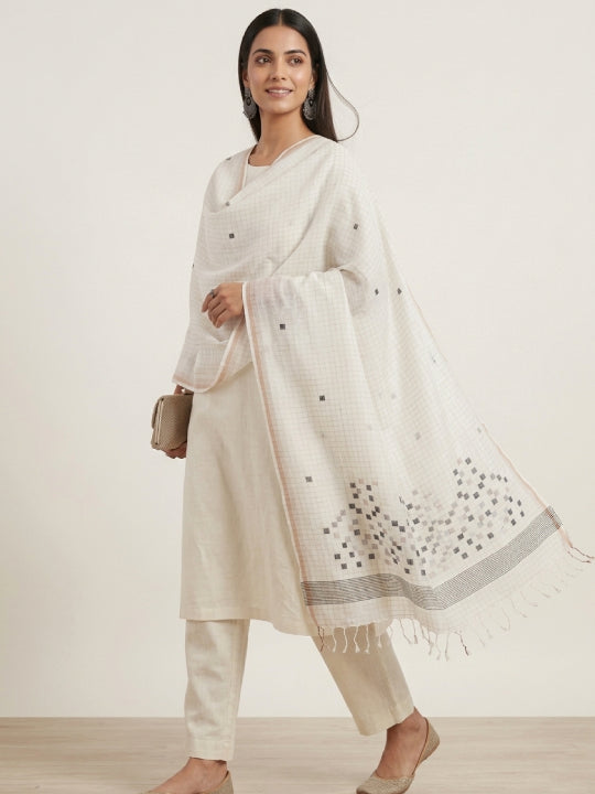 Handwoven White Dupatta with Gold Checks, Black & Bronze Highlights & Gold Border
