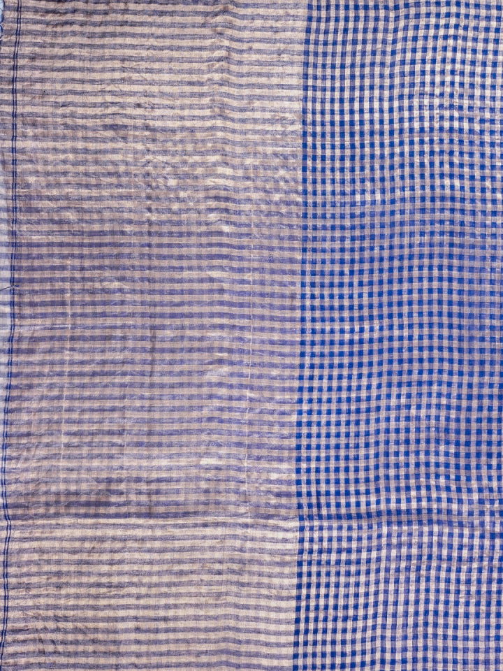 Handwoven Navy Blue and Golden Tissue Checks Saree