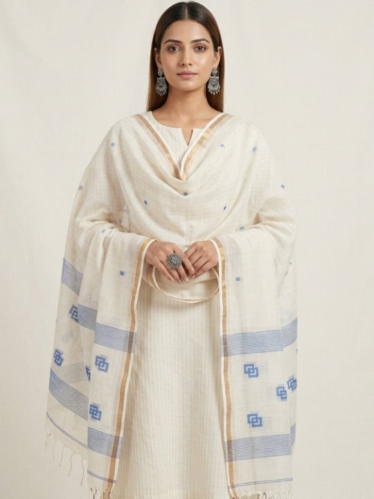 Handwoven Cream Dupatta with Blue Geometric Squares, Blue & Gold Lines & Golden Border