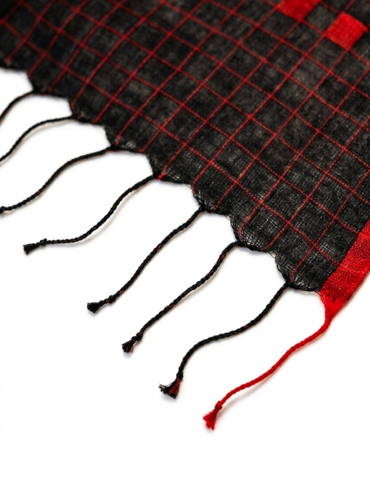 Handwoven Black Cotton Scarf with Red Jamdani Checks & Red Border