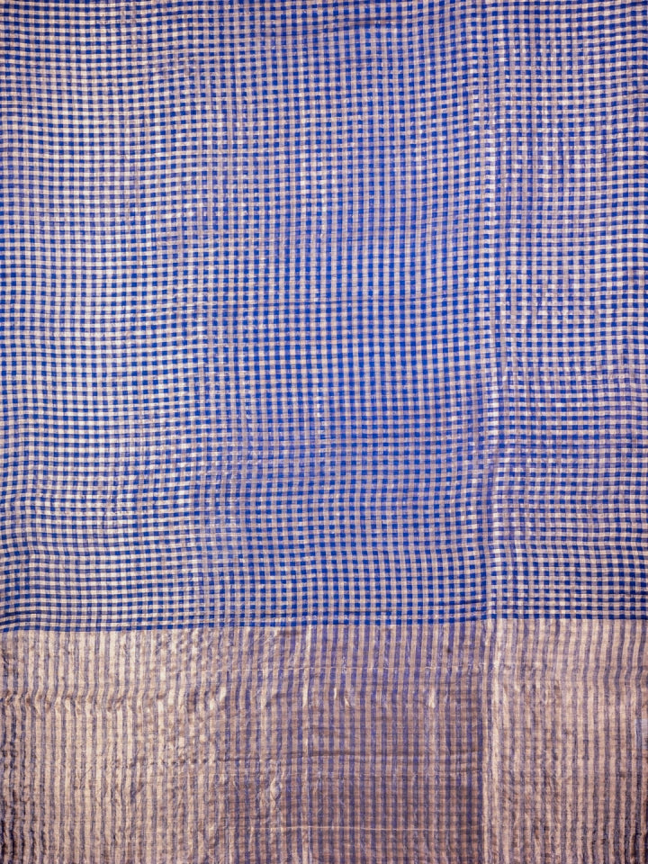 Handwoven Navy Blue and Golden Tissue Checks Saree
