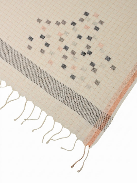 Handwoven White Dupatta with Gold Checks, Black & Bronze Highlights & Gold Border