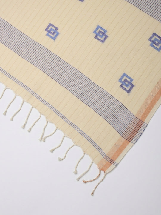 Handwoven Cream Dupatta with Blue Geometric Squares, Blue & Gold Lines & Golden Border