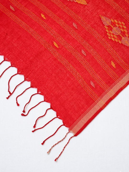 Handwoven Red Cotton Scarf with Jamdani Work