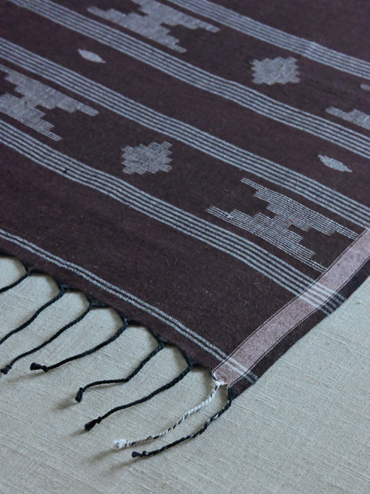 Handwoven Brown Cotton Scarf with White Geometric Jamdani Motifs, Stripe Lines & White Border