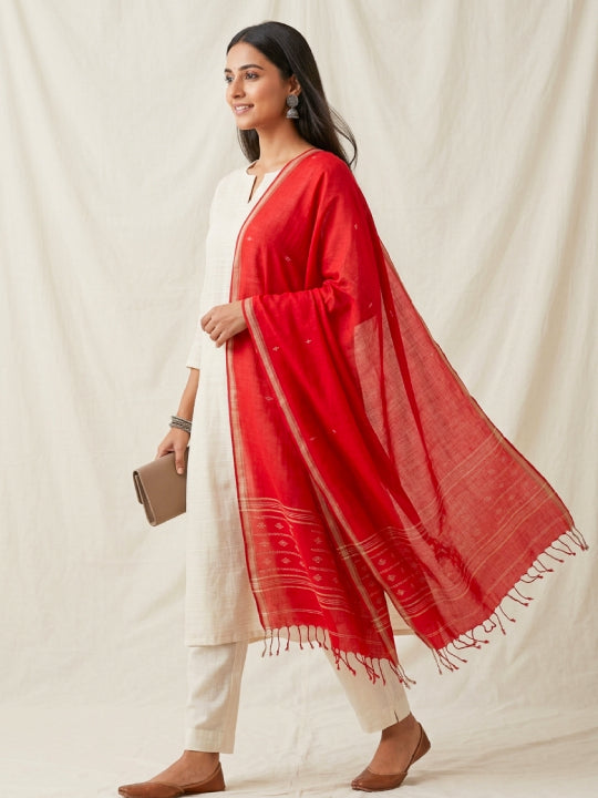 Handwoven Red Cotton Scarf with Jamdani Work one
