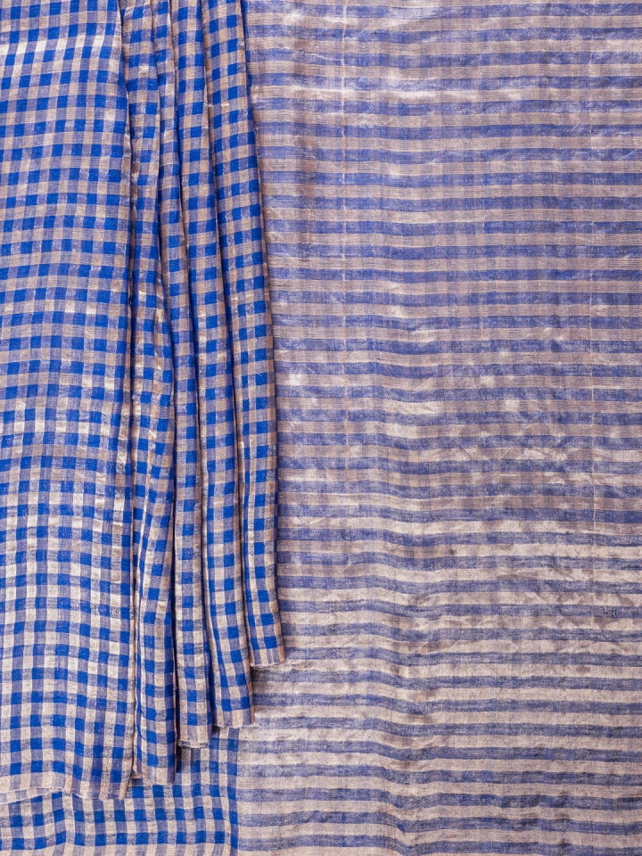 Handwoven Navy Blue and Golden Tissue Checks Saree
