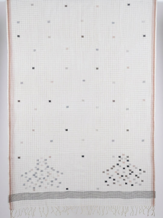 Handwoven White Dupatta with Gold Checks, Black & Bronze Highlights & Gold Border