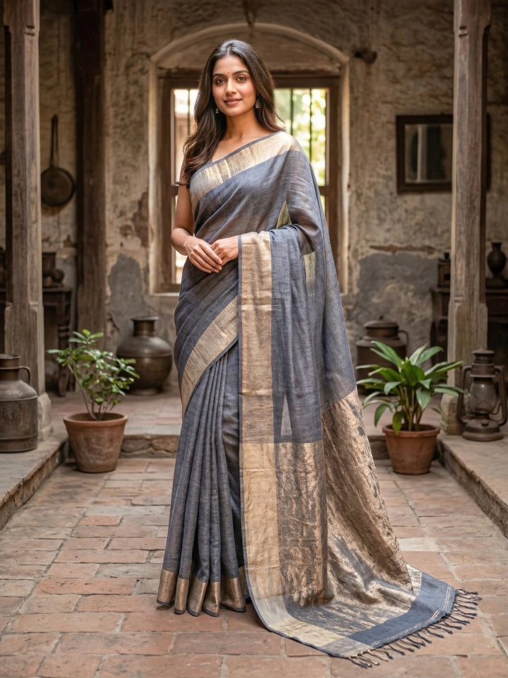 Handwoven Grey Linen Saree with Tissue Border & Pallu
