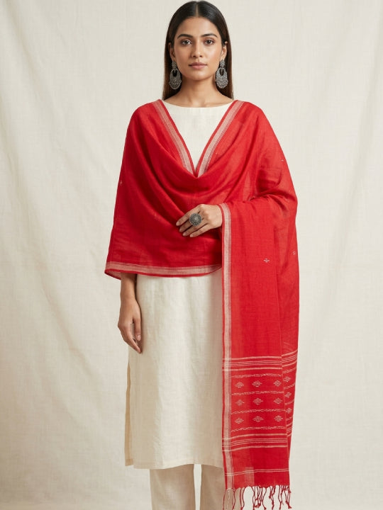 Handwoven Red Cotton Scarf with Jamdani Work one