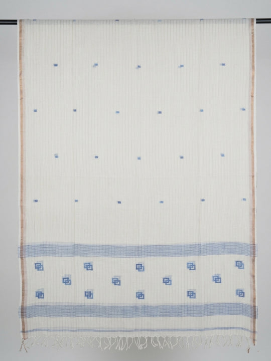 Handwoven Cream Dupatta with Blue Geometric Squares, Blue & Gold Lines & Golden Border