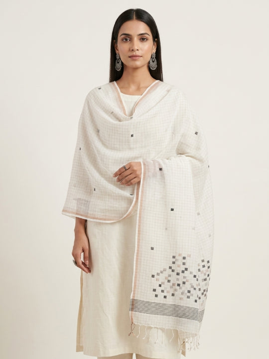 Handwoven White Dupatta with Gold Checks, Black & Bronze Highlights & Gold Border