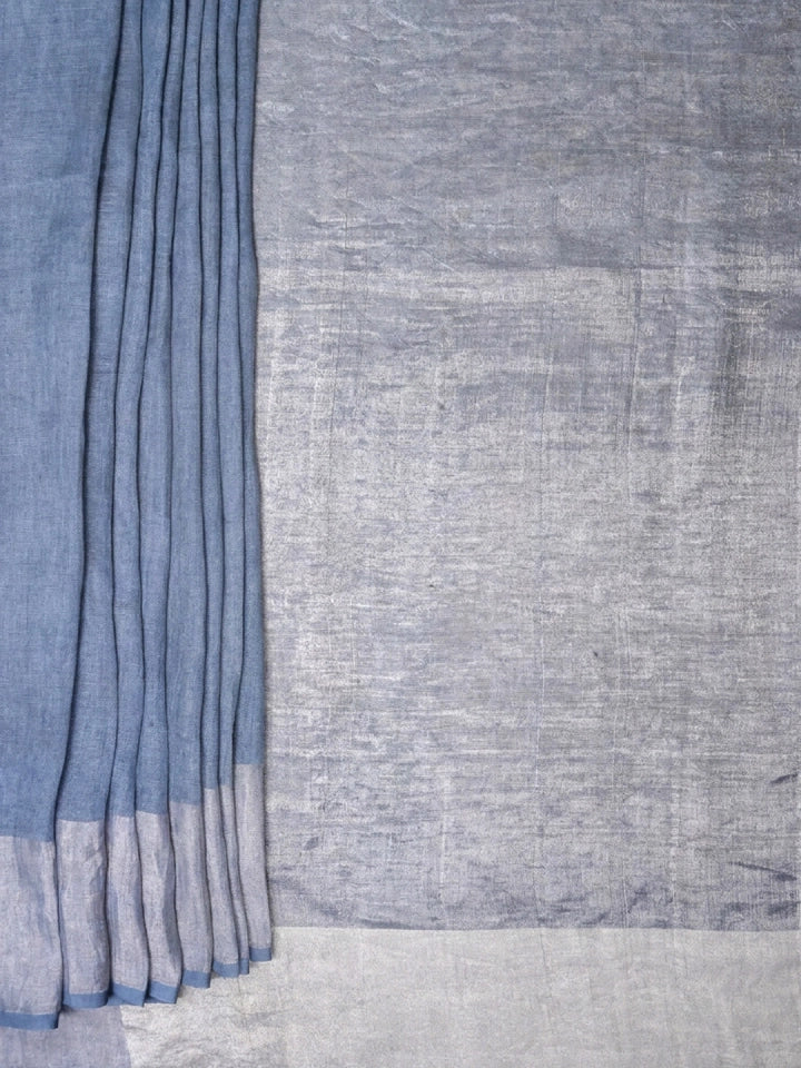 Handwoven Grey Linen Saree with Tissue Border & Pallu
