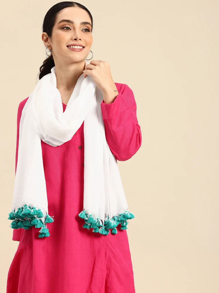 Handwoven White Cotton Dupatta with Coloured Tassels