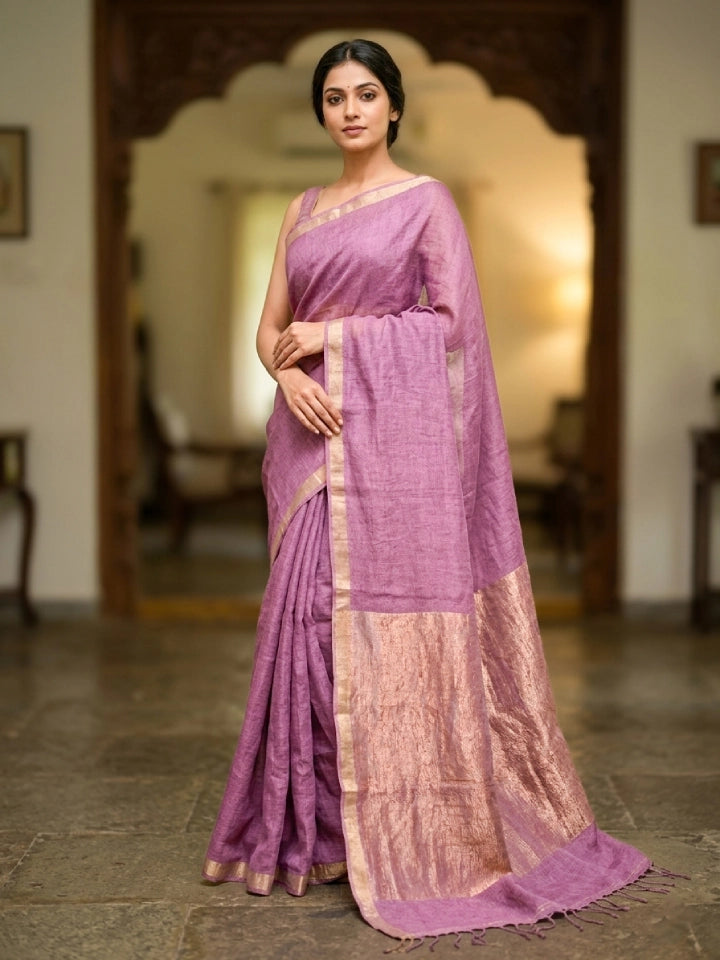 Handwoven Mauve Linen Saree with Gold Zari Pallu
