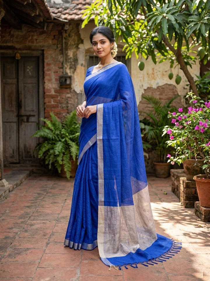 Handwoven Royal Blue Mul Cotton Saree with Tussar Silk Border and Pallu