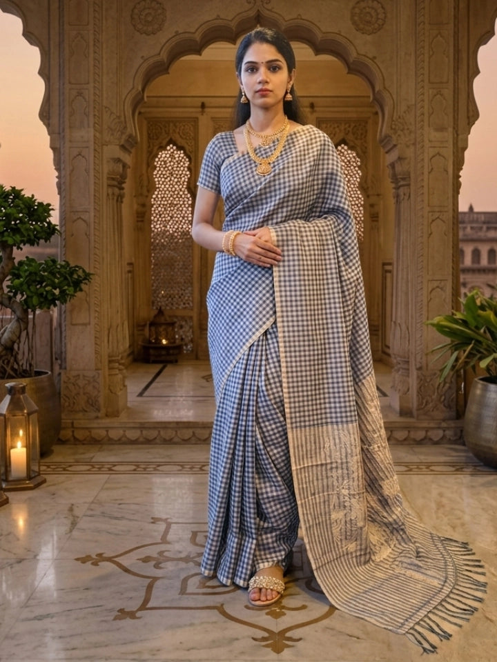 Handwoven Navy Blue and Golden Tissue Checks Saree