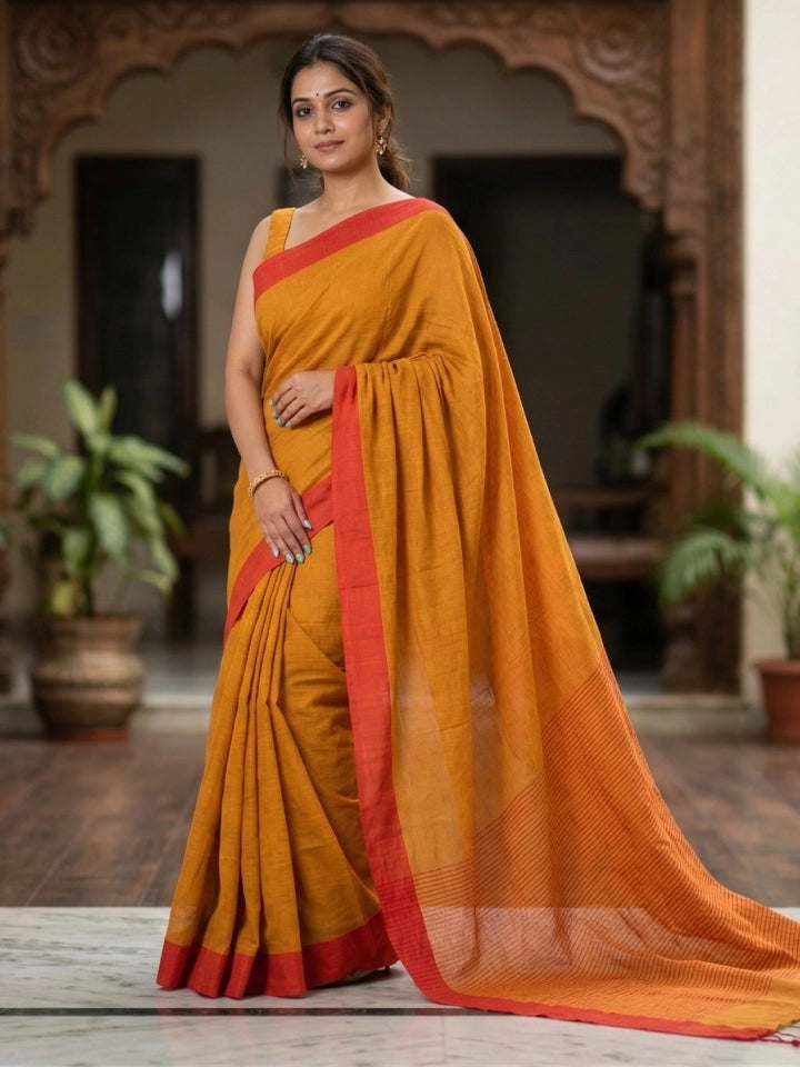 Handwoven Mustard Cotton Saree with Red Border
