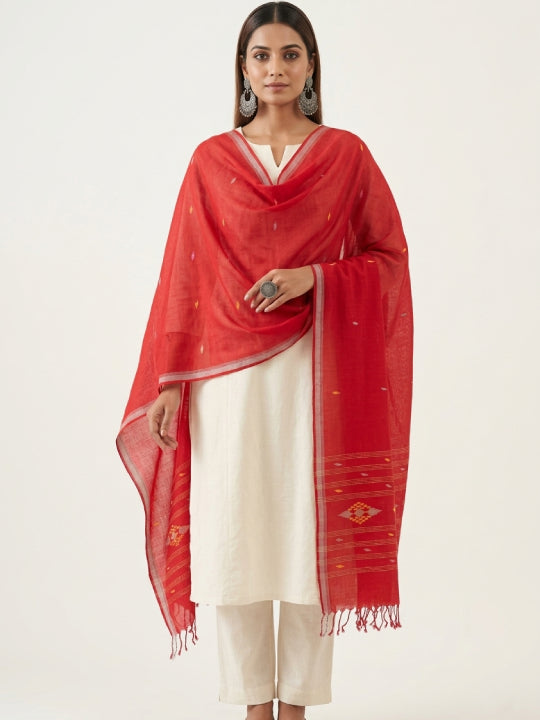 Handwoven Red Cotton Scarf with Jamdani Work