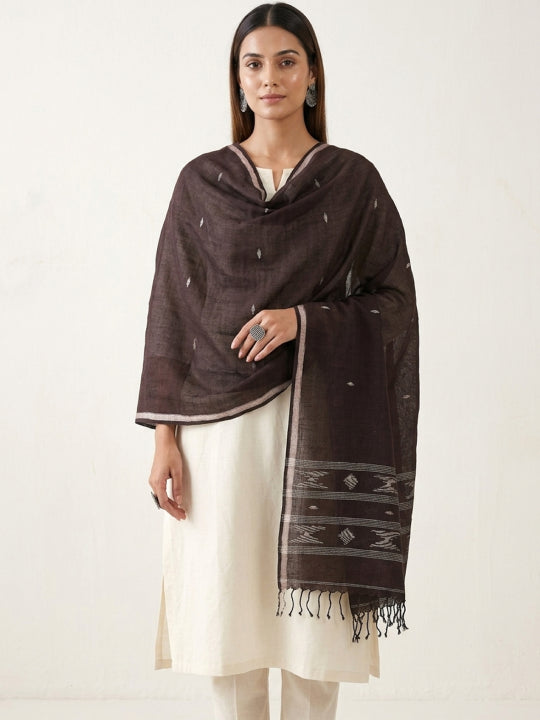 Handwoven Brown Cotton Scarf with White Geometric Jamdani Motifs, Stripe Lines & White Border