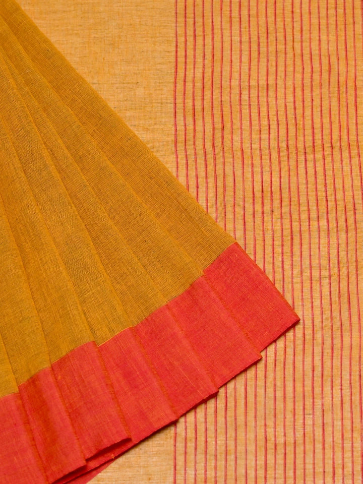Handwoven Mustard Cotton Saree with Red Border
