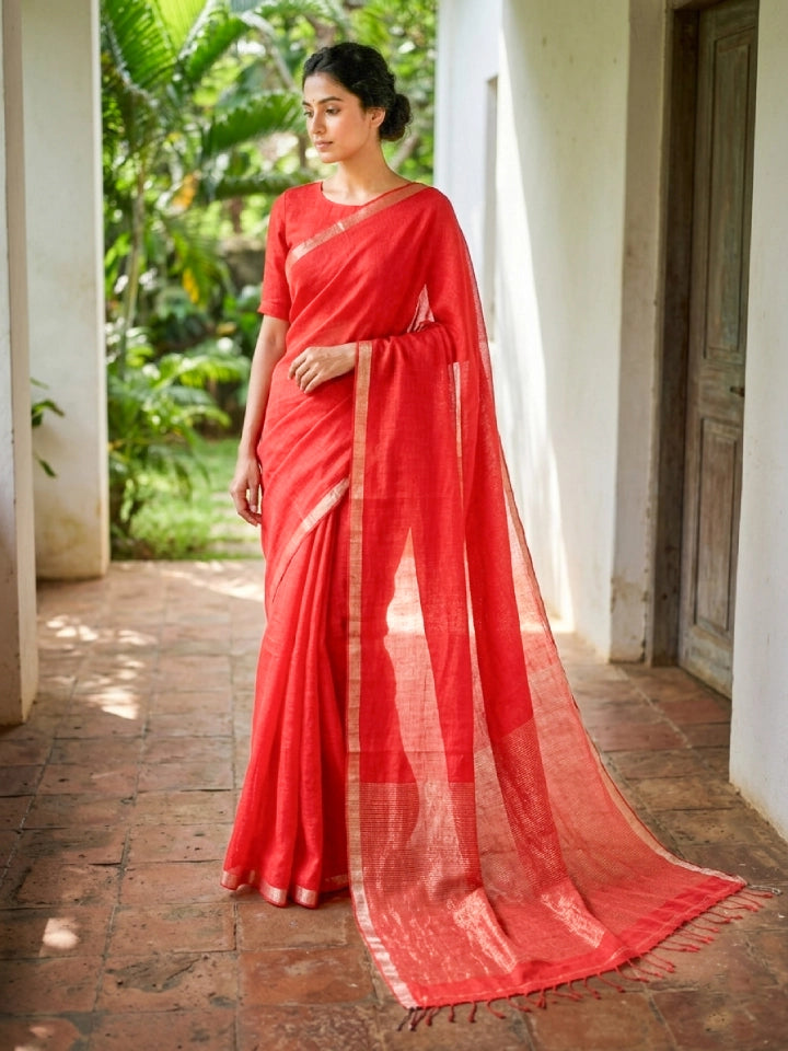 Handwoven Red Linen Saree with Silver Zari Stripe Pallu