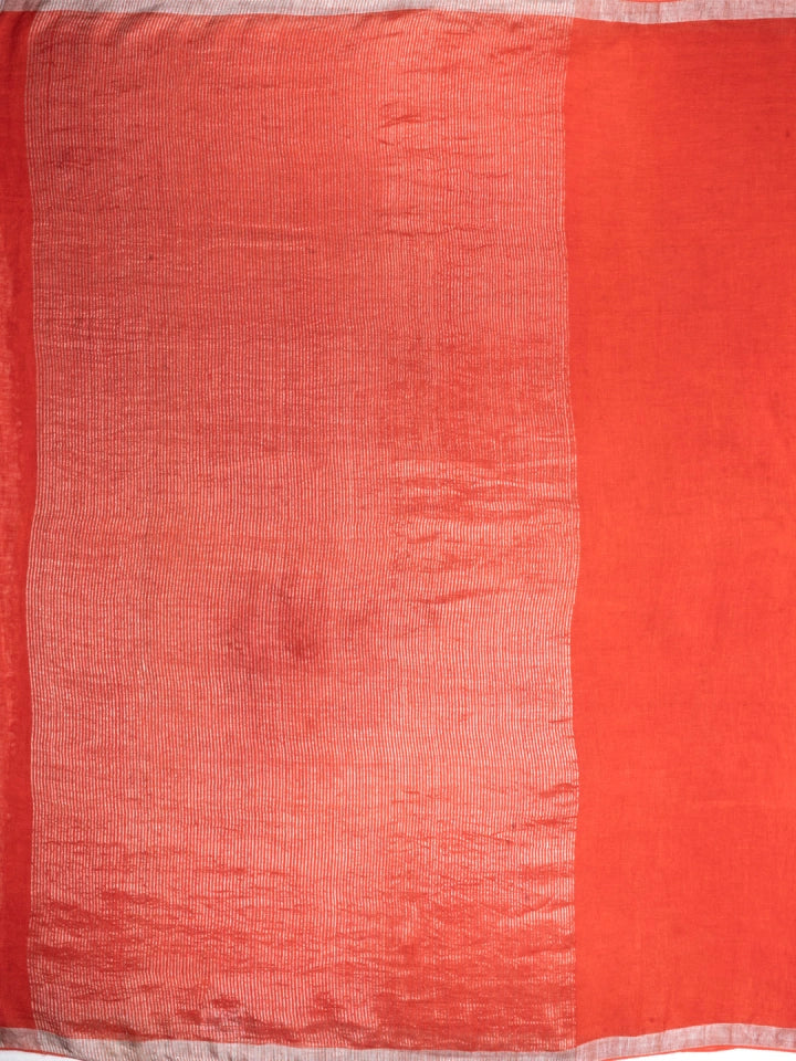 Handwoven Red Linen Saree with Silver Zari Stripe Pallu