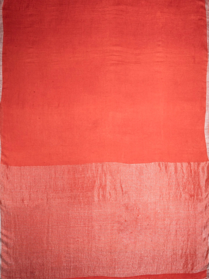 Handwoven Red Linen Saree with Silver Zari Stripe Pallu
