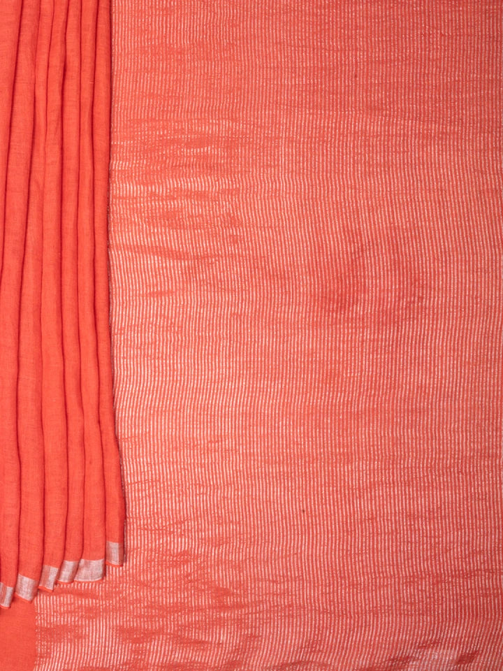 Handwoven Red Linen Saree with Silver Zari Stripe Pallu