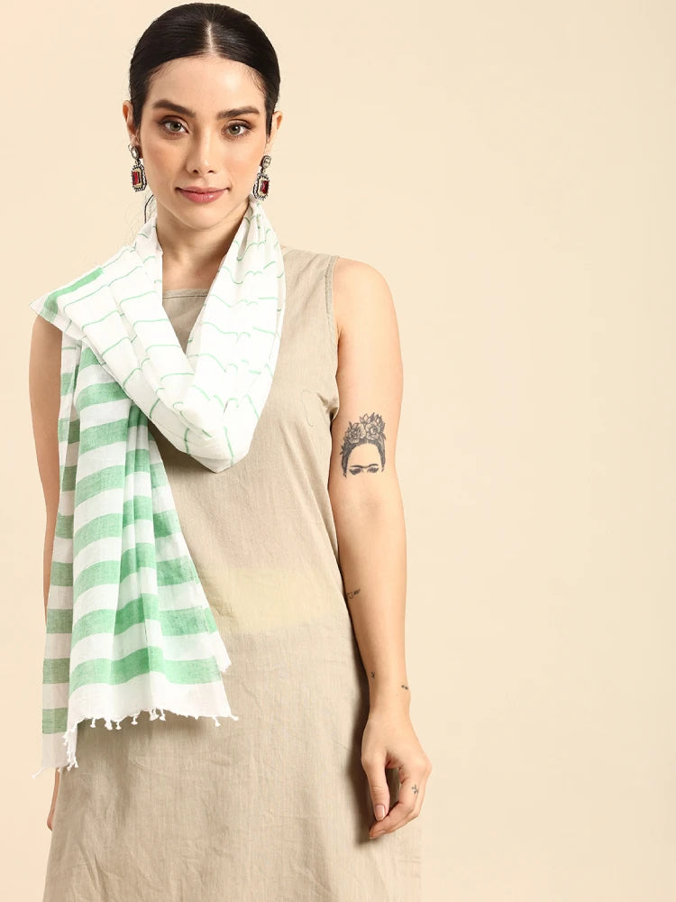 Handwoven White Cotton Scarf with Green thick & thin stripes Allover