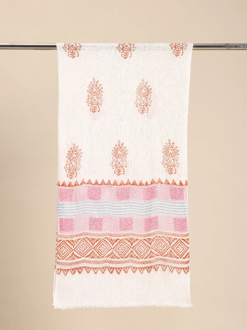 Handwoven Off-White Cotton Scarf With Block Printing