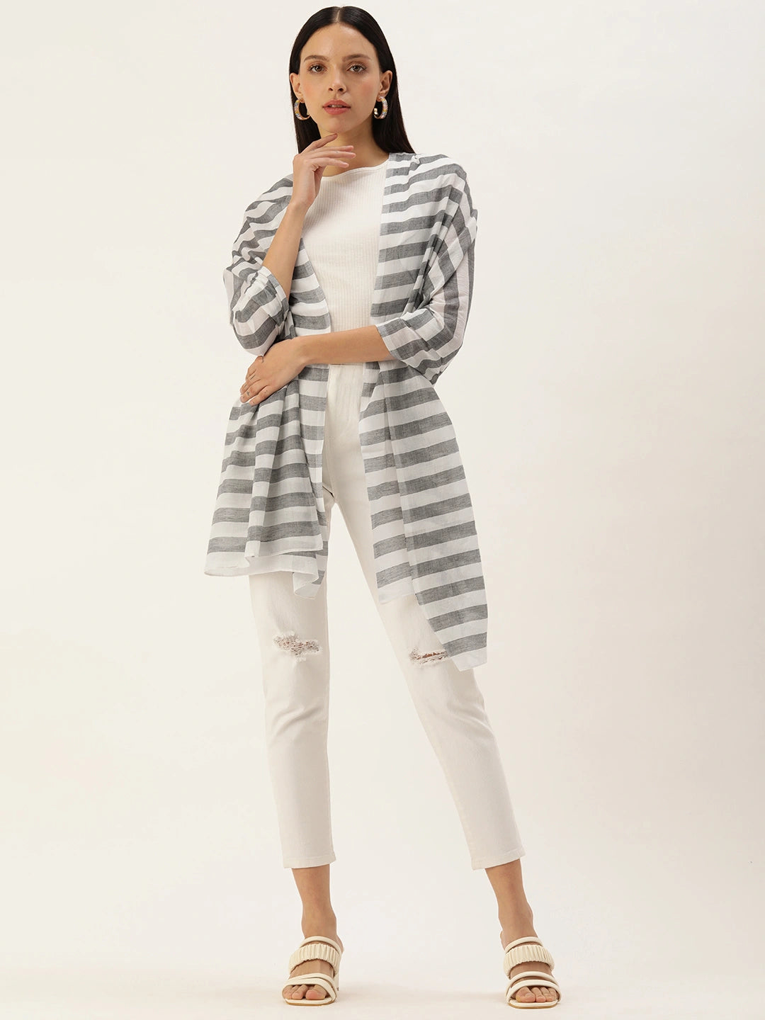 ASVA White with Grey Striped Handwoven Cotton Scarf