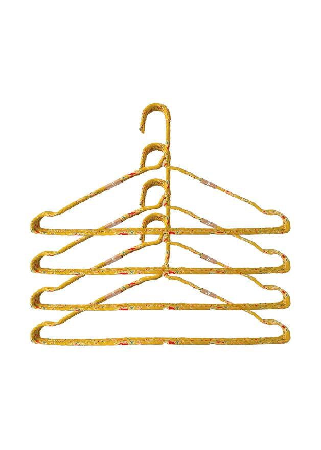 Fabric Hangers Set of 4 | Ultra Thin Design for Shirts, Dresses, Kurtas & Scarves | Space-Saving Storage| Yellow Kalamkari print in 100% Cotton| Sustainable | Utility Product