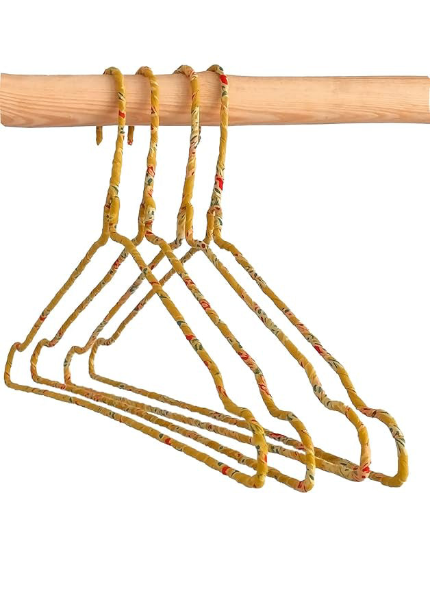 Fabric Hangers Set of 4 | Ultra Thin Design for Shirts, Dresses, Kurtas & Scarves | Space-Saving Storage| Yellow Kalamkari print in 100% Cotton| Sustainable | Utility Product