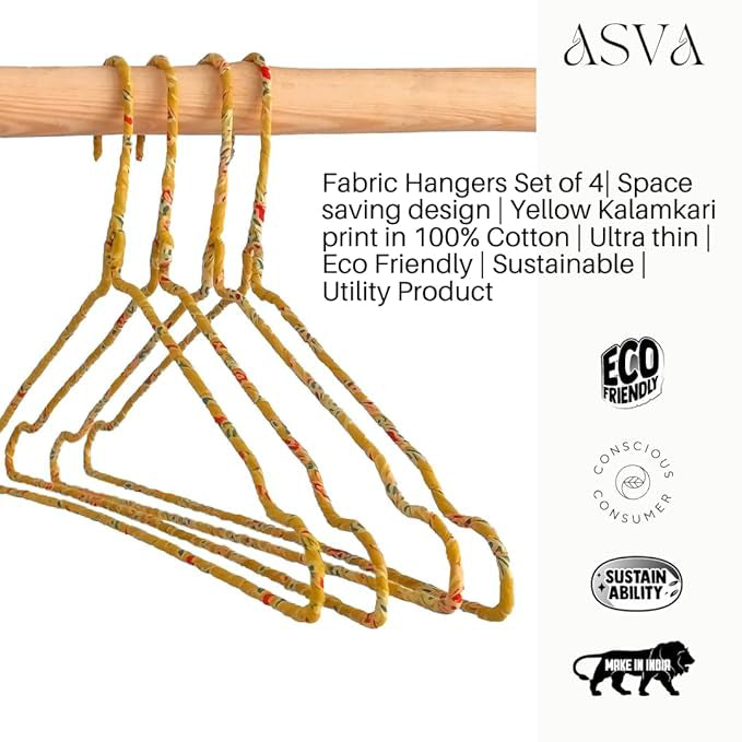 Fabric Hangers Set of 4 | Ultra Thin Design for Shirts, Dresses, Kurtas & Scarves | Space-Saving Storage| Yellow Kalamkari print in 100% Cotton| Sustainable | Utility Product
