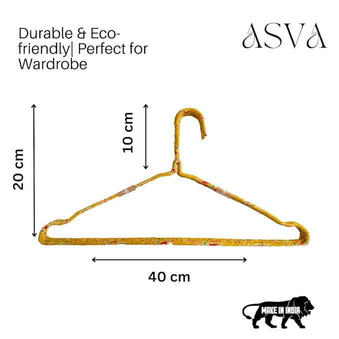 Fabric Hangers Set of 4 | Ultra Thin Design for Shirts, Dresses, Kurtas & Scarves | Space-Saving Storage| Yellow Kalamkari print in 100% Cotton| Sustainable | Utility Product