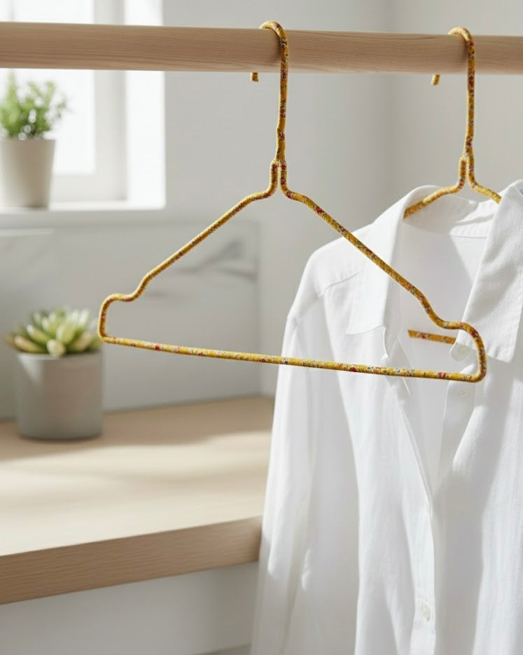 Fabric Hangers Set of 4 | Ultra Thin Design for Shirts, Dresses, Kurtas & Scarves | Space-Saving Storage| Yellow Kalamkari print in 100% Cotton| Sustainable | Utility Product