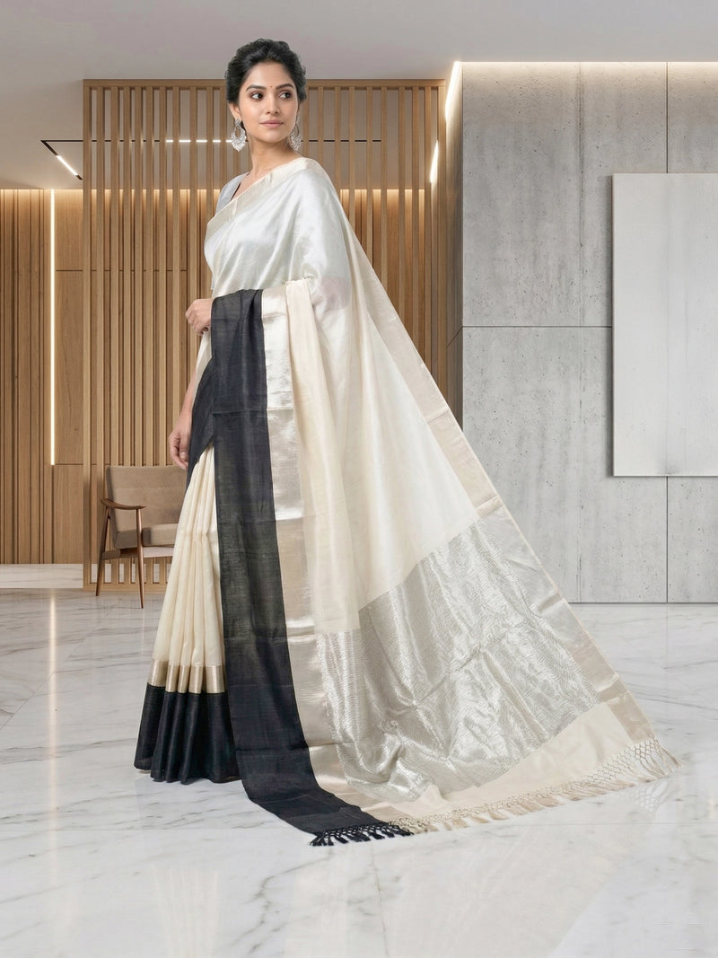 Handwoven Off White Chanderi Silk Saree with Black Satin Border & Tissue Pallu