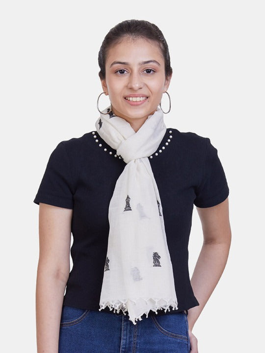 ASVA Women's Handwoven Off-White Cotton Scarf with Chess-Design Jamdani Work