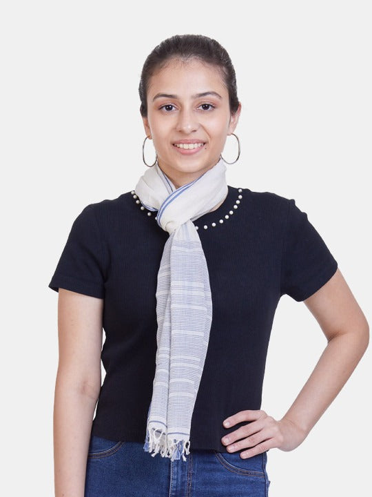 ASVA Handwoven White Organic Cotton Scarf with Blue Stripes