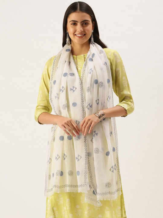 ASVA Off-White Hand Block Printed Cotton Scarf with Blue Chakra Design