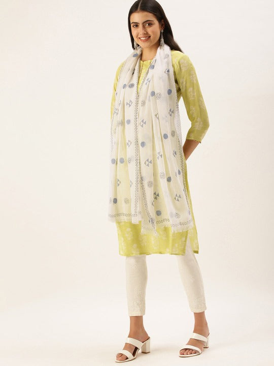 ASVA Off-White Hand Block Printed Cotton Scarf with Blue Chakra Design